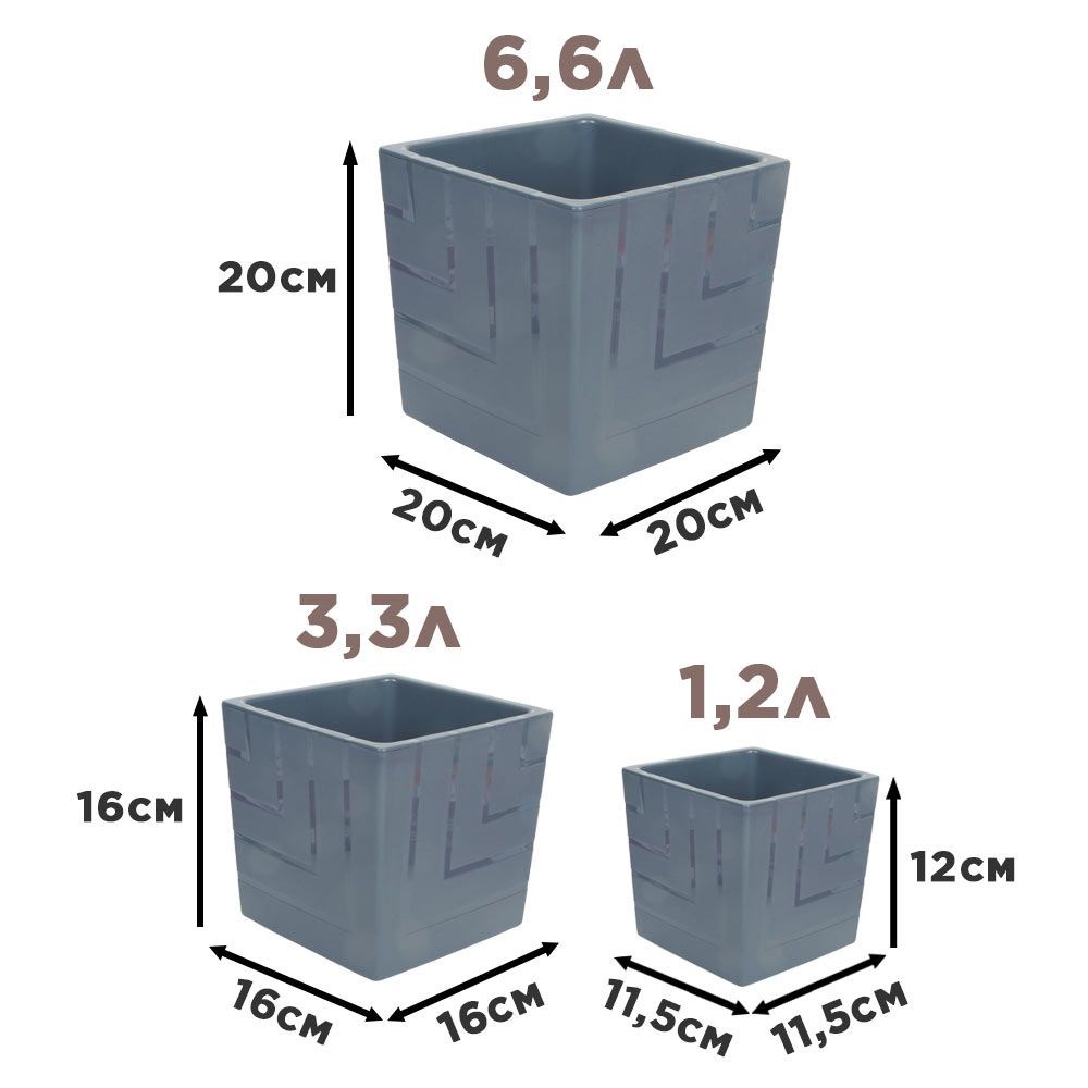 Пластиковые горшки для цветов, комплект из 3-х: 1,2л/3,3л/6,6л Квадро Антрацит F0000051672 - фото 63323