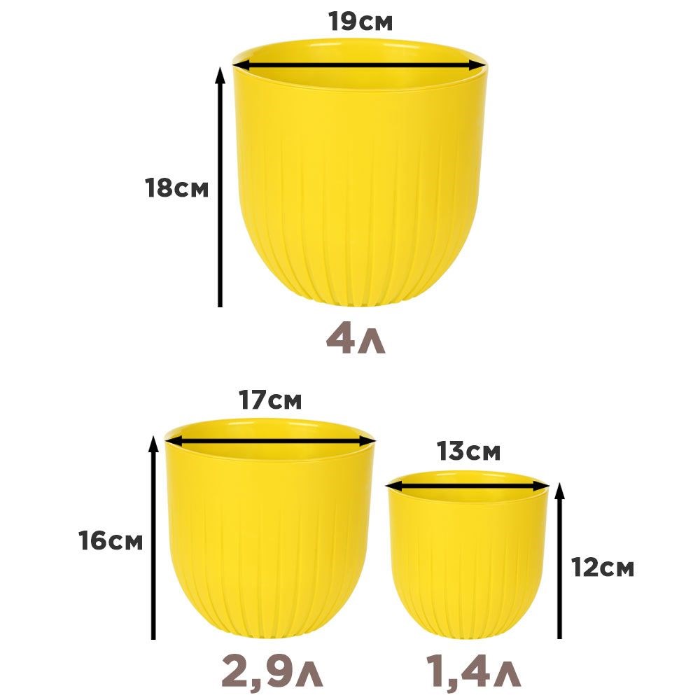 Пластиковые горшки для цветов, комплект из трех горшков 1,4л, 2,9л и 4л Альфа медовый F0000057182 - фото 63627