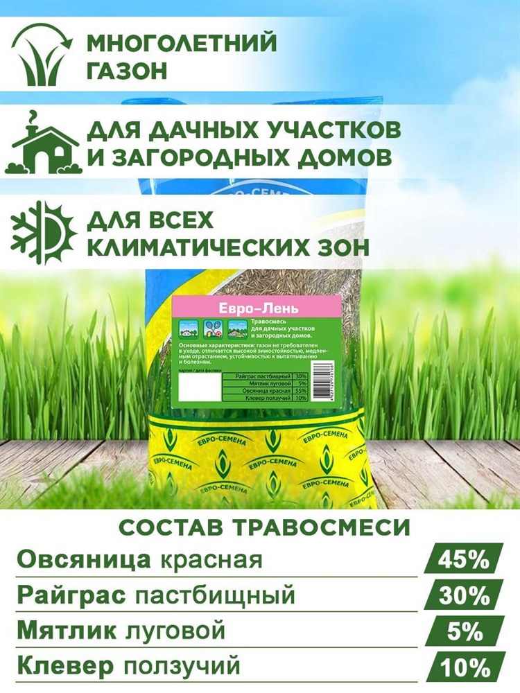 Газонная трава для дачных участков и загородных домов отдыха, cемена газона "Евро-Лень" 1кг 00040008115 - фото 64128