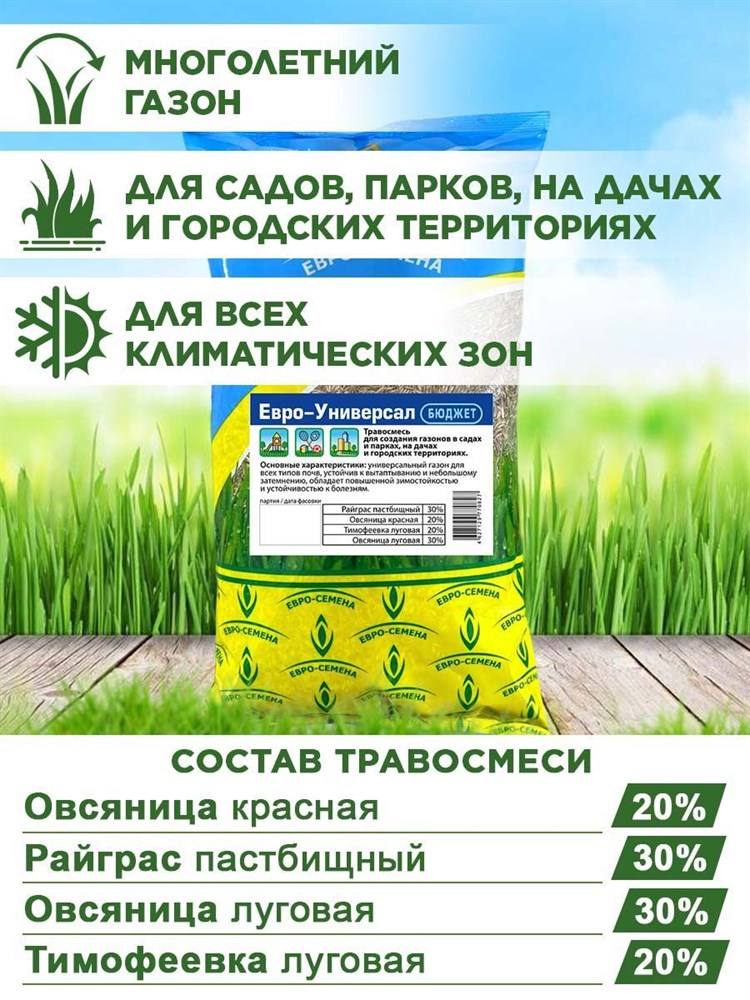 Газонная трава, семена для дачных и городских территорий, травосмесь "Евро-Универсал-Бюджет", 1кг 00040008103 - фото 64150
