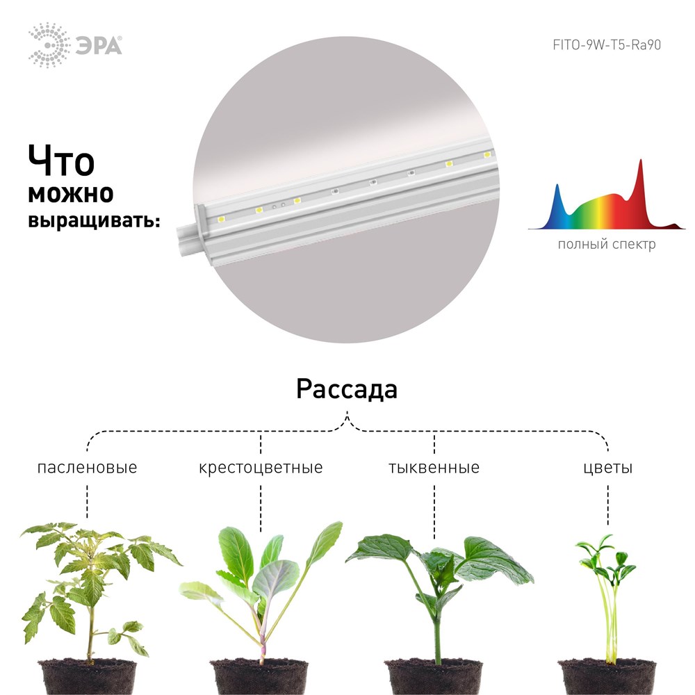 Светильник для растений, фитолампа светодиодная линейная, ЭРА FITO-9W-T5-Ra90 полного спектра 9 Вт, длина 57см F0000055175 - фото 67922