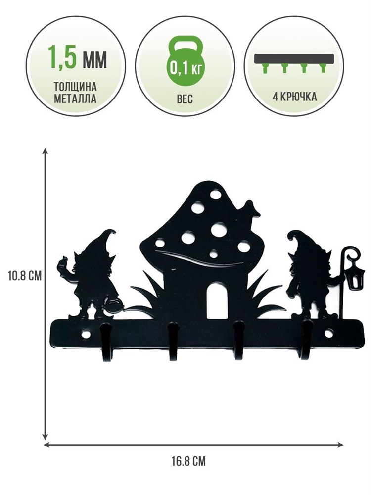 Ключница настенная металлическая черная Гномы у гриба HITSAD 701-025B 701-025B - фото 70201
