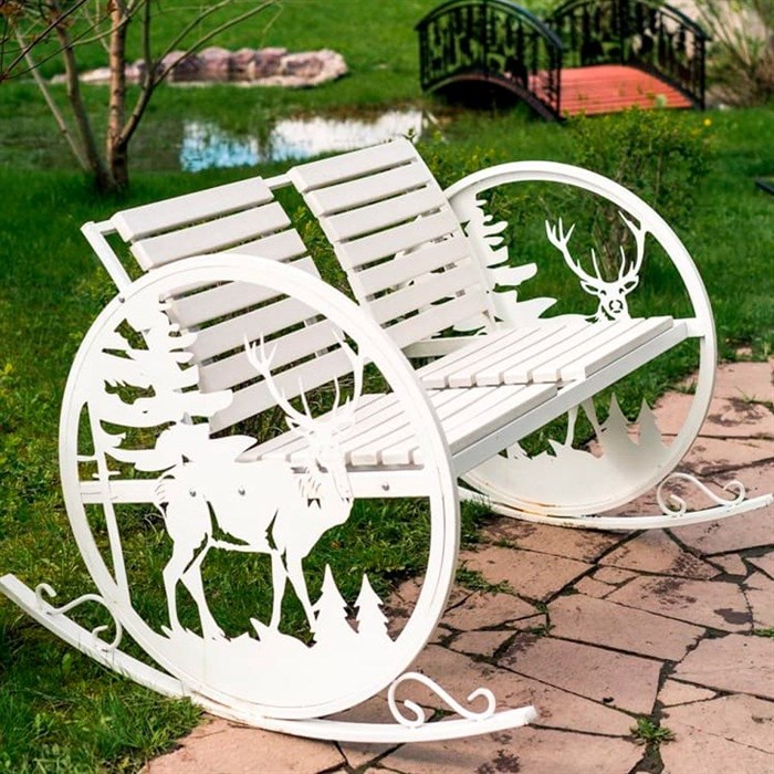 Кресло качалка для дачи двойное металлическое сиденьем и спинкой из ДПК, Олени HITSAD 301-001W - фото 67230