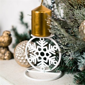Подсвечник новогодний металлический для 1 свечи белый со снежинкой HITSAD 607-063W